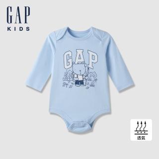 【GAP】嬰兒裝 Logo純棉小熊印花圓領長袖包屁衣-天藍色(645073)