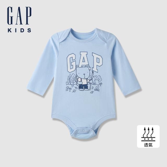 【GAP】嬰兒裝 Logo純棉小熊印花圓領長袖包屁衣-天藍色(645073)