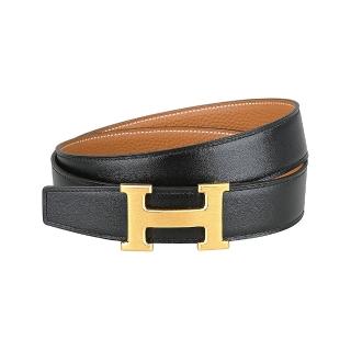 【Hermes 愛馬仕】HERMES磨砂金H釦LOGO小牛皮扣式雙麵皮帶(黑x棕)