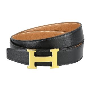 【Hermes 愛馬仕】HERMES亮面金H釦LOGO小牛皮扣式雙麵皮帶(黑x棕)