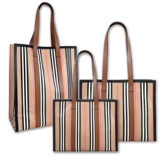 【BURBERRY 巴寶莉】經典LOGO拼條紋帆布豎版橫版托特肩揹包(卡其色)