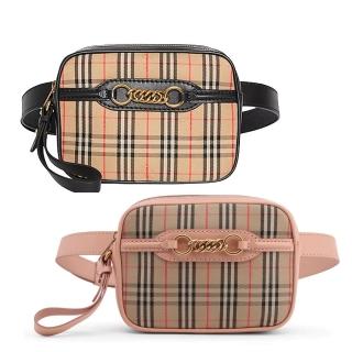 【BURBERRY 巴寶莉】80073501/80075101經典格紋帆布鎖鏈裝飾皮革飾邊胸腰包(兩色任選)