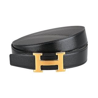 【Hermes 愛馬仕】HERMES磨砂金H釦LOGO小牛皮扣式雙麵皮帶(黑x錫器灰)