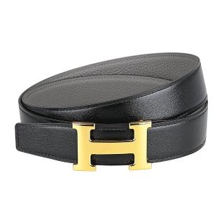 【Hermes 愛馬仕】HERMES亮面金H釦LOGO小牛皮扣式雙麵皮帶(黑x錫器灰)