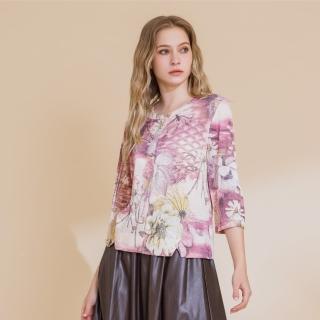 【YUTZUYA 優姿雅】典雅玫紫染印緹花上衣附鑽花領針(七分袖/暈染印花/柔軟透氣/高彈/閃鑽釦飾)