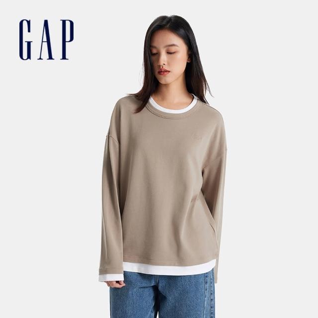 【GAP】女裝 Logo刺繡假兩件圓領長袖T恤-卡其色(606142)