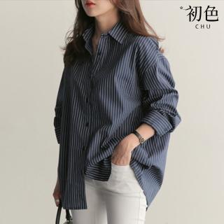 【初色】日系文青風寬鬆豎條紋翻領長袖襯衫上衣女上衣-共2色-38037(M-2XL可選)