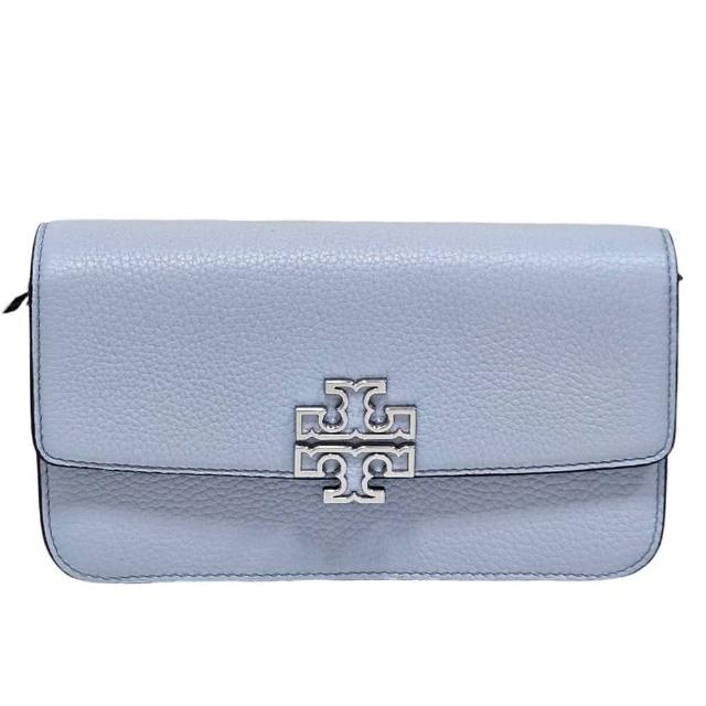 【TORY BURCH】TB Britten 新款 簍空銀色LOGO荔枝紋皮革鏈條單肩斜挎手拿包(天空藍/贈原廠防塵袋紙袋)