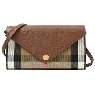 【BURBERRY 巴寶莉】WOC 經典棉麻格紋牛皮拼接多卡式翻蓋斜揹包(咖邊)