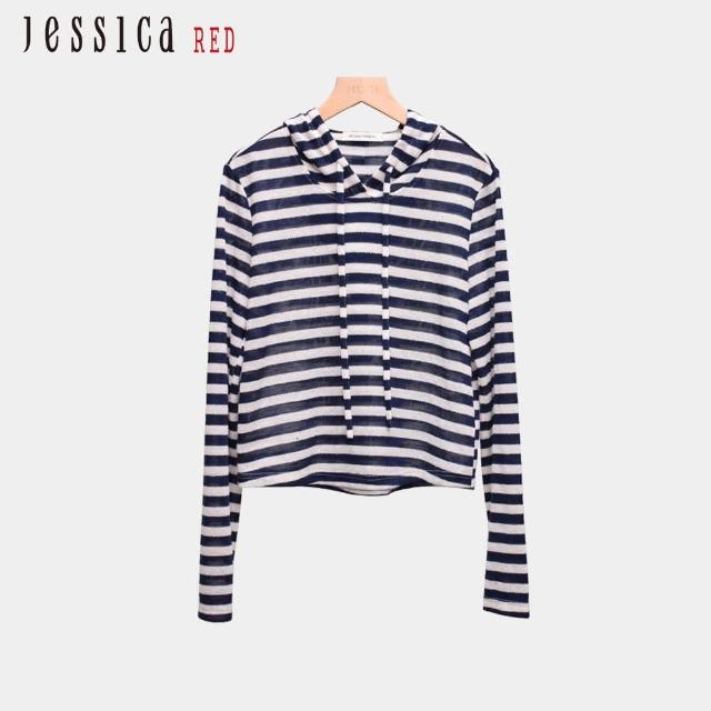 【Jessica Red】簡約百搭條紋連帽長袖針織衫（藍）R44503