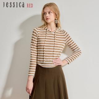 【Jessica Red】簡約百搭條紋連帽長袖針織衫（橘）R44503