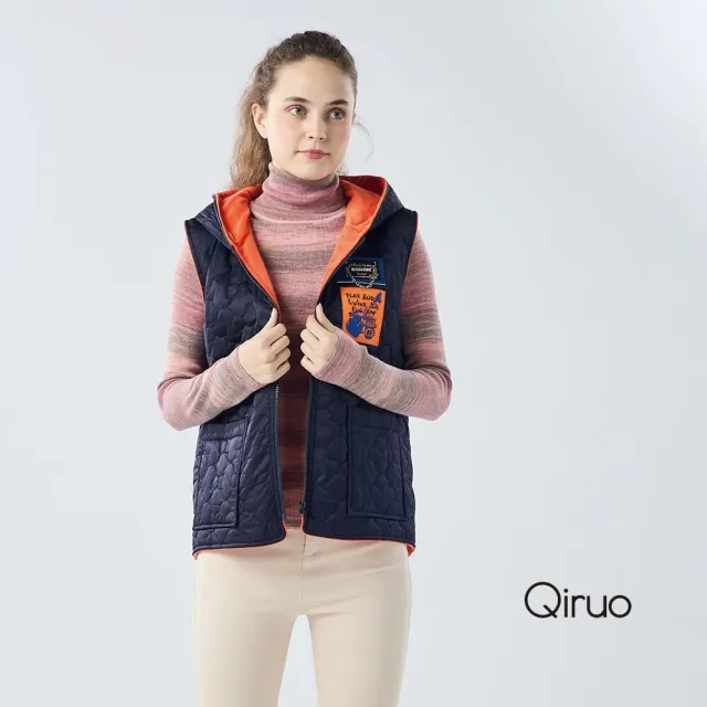 【Qiruo 奇若名品】保暖厚棉  連帽長背心 藍橘色背心6201D 
