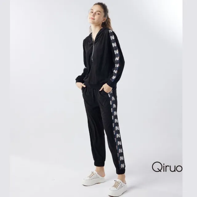 【Qiruo 奇若名品】輕薄短絨 黑長袖休閒套裝6001G休閒上衣+長褲 休閒褲裝 
