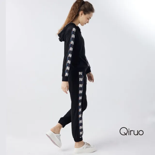 【Qiruo 奇若名品】輕薄短絨 黑長袖休閒套裝6001G休閒上衣+長褲 休閒褲裝 