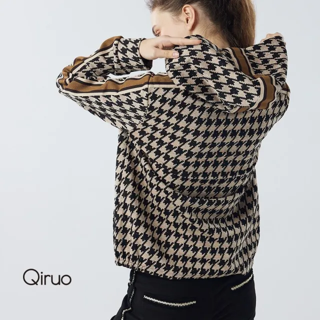 【Qiruo 奇若名品】厚磅棉質千鳥格紋 拉鍊式連帽咖啡上衣4183A 