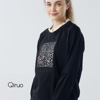 【Qiruo 奇若名品】秋冬專櫃黑長袖上衣6020A 胸前碎花設計(M-2XL)