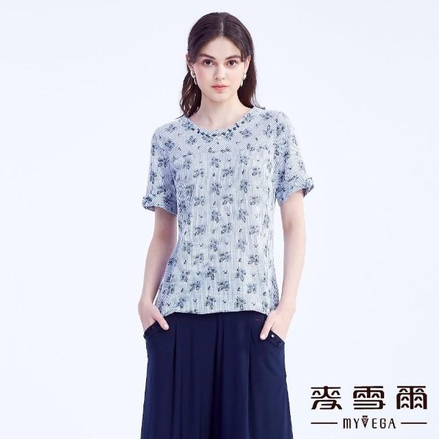 【MYVEGA 麥雪爾】花朵直條紋傘狀上衣-深藍