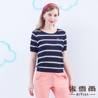 【MYVEGA 麥雪爾】裝飾鈕扣條紋簍空針織衫-深藍