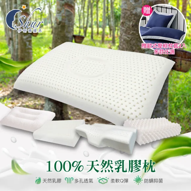 【ISHUR 伊舒爾】100%泰國天然乳膠枕2入 多款任選(加碼贈歐式壓框枕套2入/枕頭/泰國乳膠)