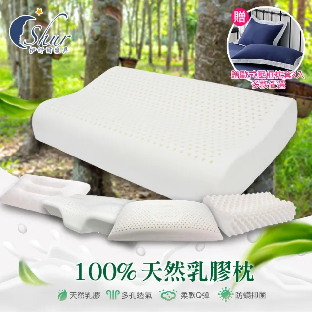 【ISHUR 伊舒爾】100%泰國天然乳膠枕2入 多款任選(加碼贈歐式壓框枕套2入/枕頭/泰國乳膠)