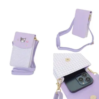 【小禮堂】Sanrio 三麗鷗 復古千鳥格 皮質斜背手機包 - Y2K Kitty 美樂蒂 酷洛米 大耳狗(平