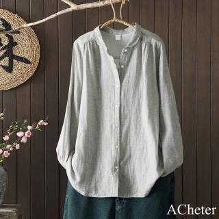 【ACheter】雙層棉紗長袖襯衫復古文藝寬鬆休閒百搭中長上衣#123588(白/灰)