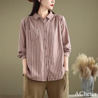 【ACheter】復古豎條紋色織棉襯衫翻領長袖休閒外搭中長上衣#123589(深灰/粉紅/綠/焦糖)