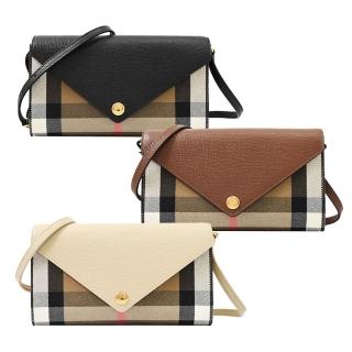 【BURBERRY 巴寶莉】WOC 經典棉麻格紋牛皮拼接多卡式翻蓋斜揹包(三色可選)