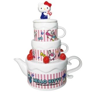 【小禮堂】Hello Kitty 造型茶壺茶杯組 - 50週年(平輸品)