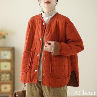 【ACheter】文藝棉麻加厚棉衣外套夾棉棉襖保暖圓領U型短版#123592(黑/橘/綠/焦糖)