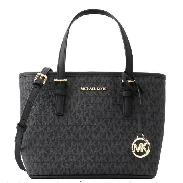 Michael Kors 滿版Logo帆布拼接皮革托特包