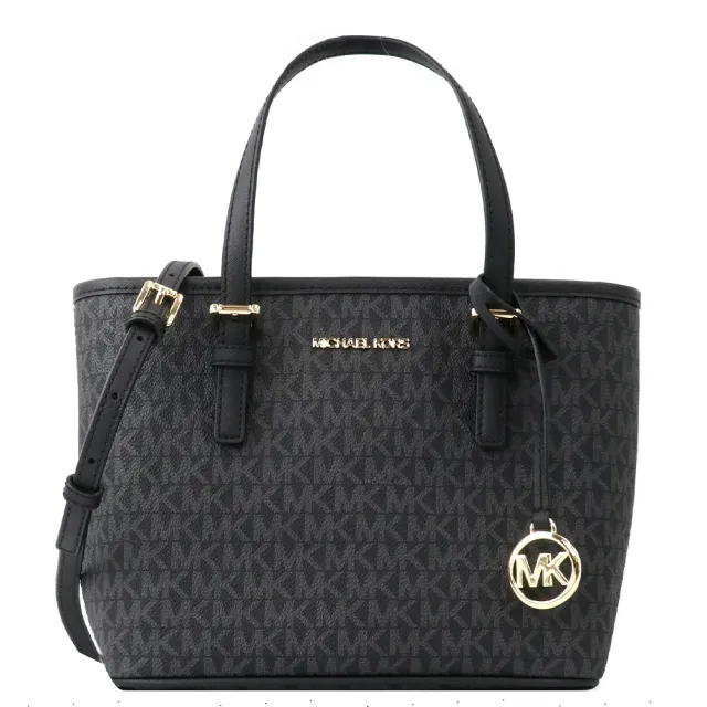【Michael Kors】滿版Logo帆布拼接皮革托特包