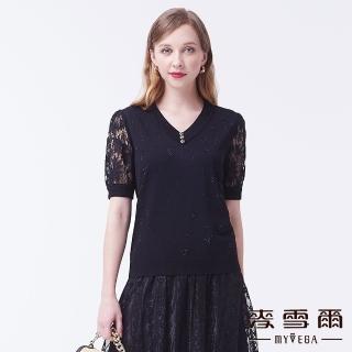 【MYVEGA 麥雪爾】水鑽透膚蕾絲袖針織衫-黑