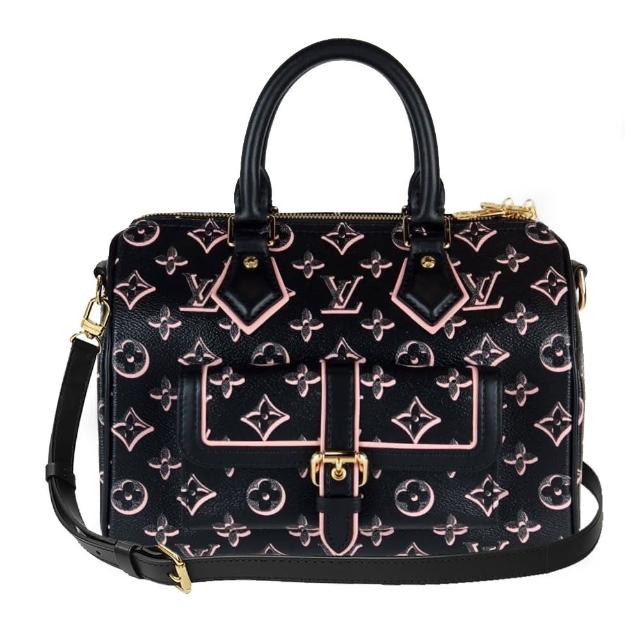 LV 路易威登 M20852 經典 Speedy 25 系列雙色 Monogram 肩背手提兩用包，以黑色為主色，搭配數字與英文字母圖案，採用高質帆布與皮革材質打造，適合女性、男性及中性族群，為歐系精品風格的經典選擇。