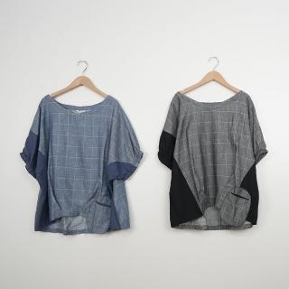 【MOSS CLUB】拼接蝙蝠袖格紋寬鬆V領短袖上衣(藍 黑)