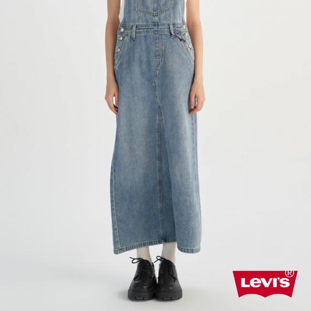 【LEVIS 官方旗艦】女款  高腰吊帶牛仔長裙 胸前口袋 熱賣單品  001BY-0000