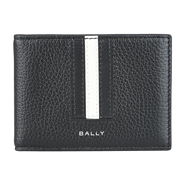 【BALLY】BALLY Ribbon燙銀LOGO小牛皮黑白黑條紋3卡對折卡夾(男款/黑)