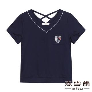 【MYVEGA 麥雪爾】格紋愛心口袋V領上衣-深藍