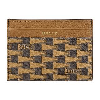 【BALLY】BALLY Pennant燙金LOGO帆布小牛皮三角旗圖案4卡開口式卡夾(男款/褐x多色)
