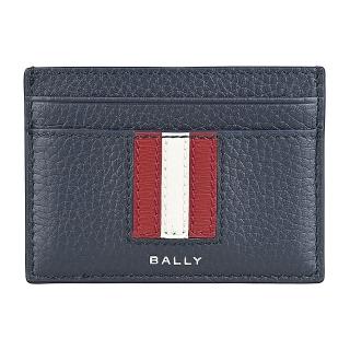 【BALLY】BALLY Ribbon燙銀LOGO小牛皮紅白紅條紋設計4卡開口式卡夾(男款/午夜藍)