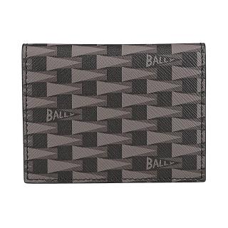 【BALLY】BALLY Pennant內裡燙銀LOGO帆布牛皮三角旗圖案9卡開口式對折卡夾(男款/黑x多色)