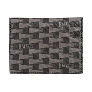 【BALLY】BALLY Pennant內裡燙銀LOGO帆布牛皮三角旗圖案9卡開口式對折卡夾(男款/黑x多色)
