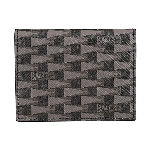【BALLY】BALLY Pennant內裡燙銀LOGO帆布牛皮三角旗圖案9卡開口式對折卡夾(男款/黑x多色)