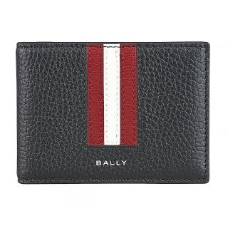 【BALLY】BALLY Ribbon燙銀LOGO小牛皮紅白紅條紋3卡對折卡夾(男款/黑)