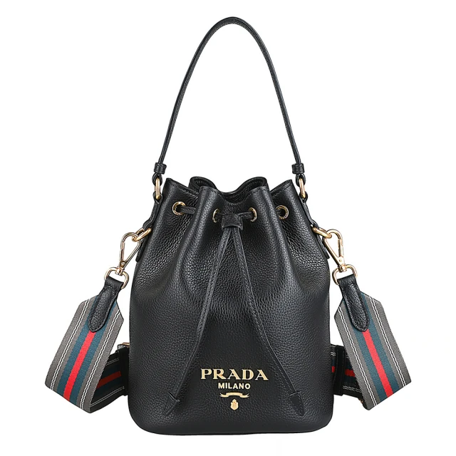 PRADA 普拉達 PRADA 立體簍空金字LOGO荔枝紋設計小牛皮抽繩手提斜背水桶包(黑)