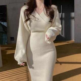 【D.studio】韓版溫柔風V領交叉收腰顯瘦針織上衣(套裝 毛衣 洋裝 禮服 長袖上衣 女裝 衣服 保暖上衣 S230)