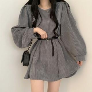 【D.studio】韓版氣質設計感小眾燈芯絨連身裙(洋裝 套裝 連衣裙 長袖上衣 女裝 衣服 針織上衣 S161)
