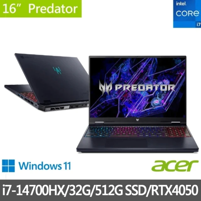 Acer 宏碁 特仕版 16吋電競筆電(Predator/PHN16-72-75W3/i7-14700HX/16G+16G/512G SSD/RTX4050/180Hz)