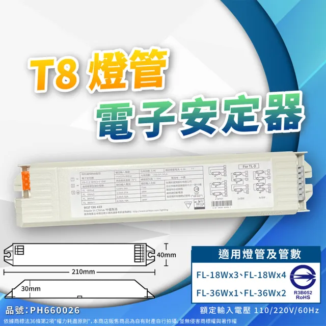 【Philips 飛利浦】1入 EB-CI TLD 18W 36W T8 PL 全電壓 預熱啟動 電子安定器 _ PH660026(傳統日光燈管用)