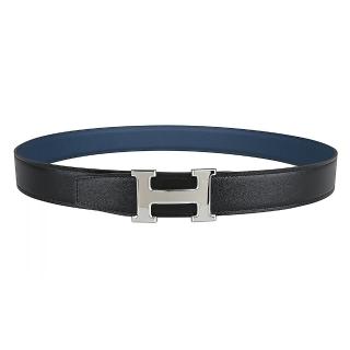 【Hermes 愛馬仕】HERMES 經典H LOGO銀釦小牛皮雙麵皮帶(黑x普魯士藍)